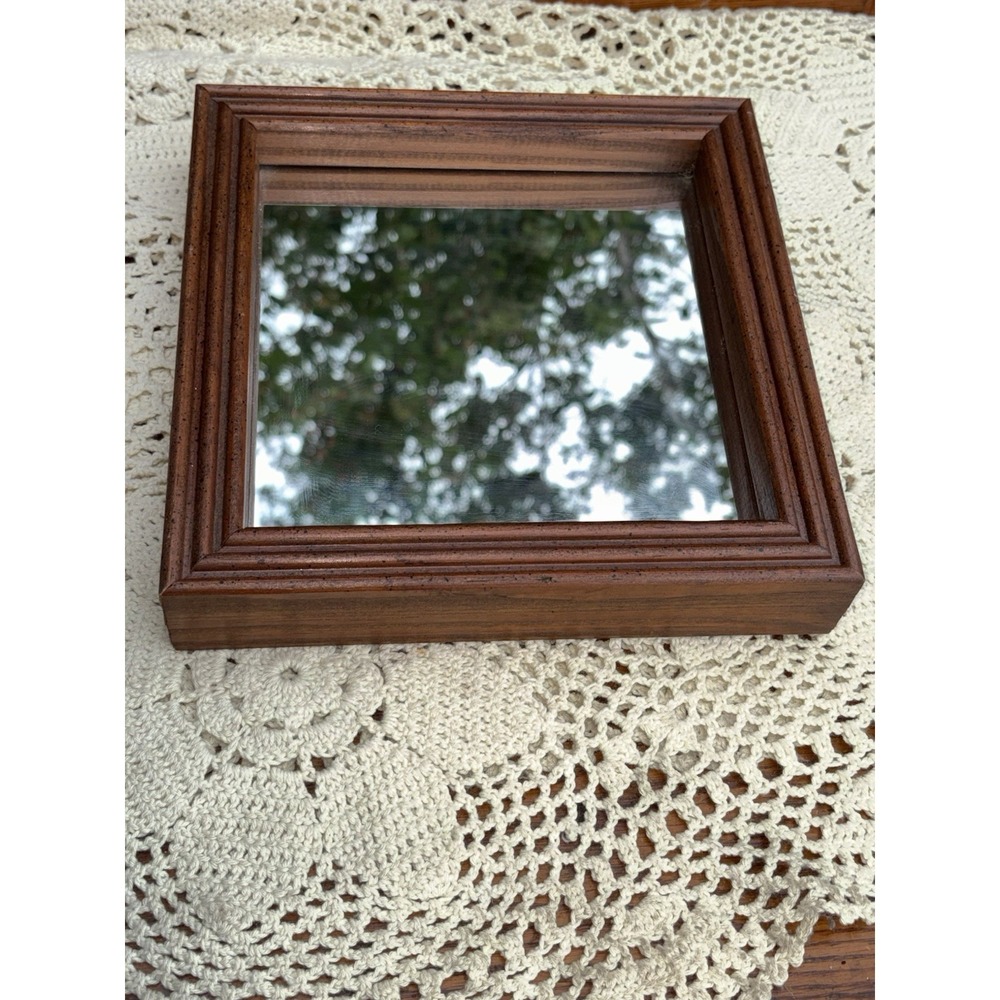 Vintage Square Wood Framed Mirror 8 1/4"  Chunky Ready To Hang Cottage Accent
